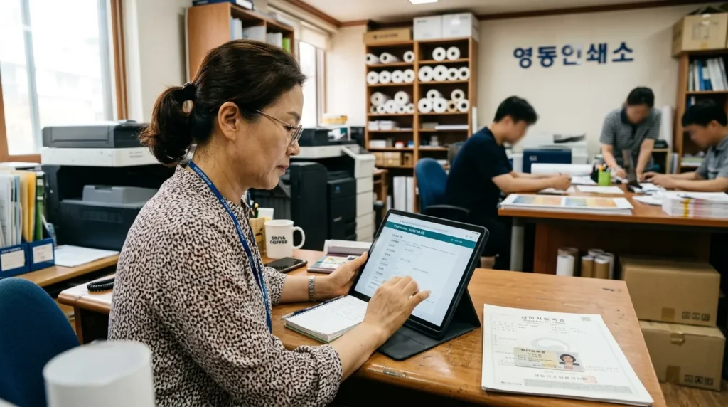 태블릿 PC를 사용하여 온라인 대출 신청 웹사이트에 접속한 한국인 소상공인의 모습, 책상 위에는 사업자등록증과 신분증이 놓여 있음