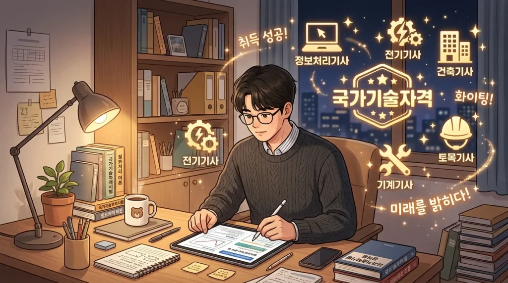 현대적인 서재에서 태블릿을 보며 공부하는 한국인 청년의 모습과 배경에는 국가기술자격증 아이콘들이 반짝이는 일러스트레이션
