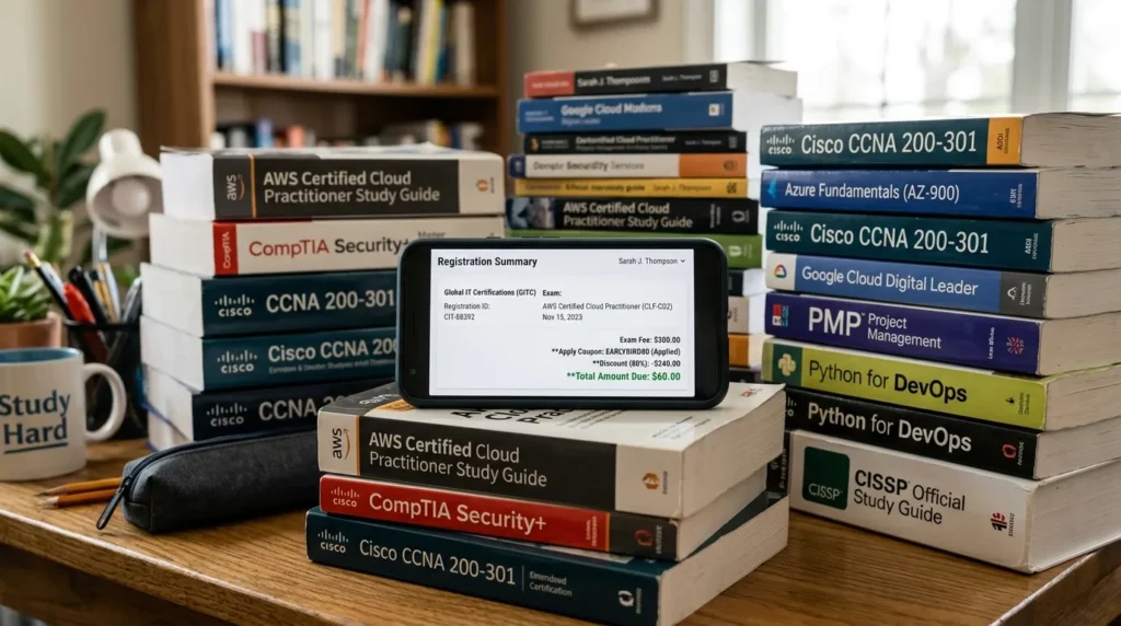 스마트폰 화면에 80% 할인 쿠폰이 적용된 자격증 접수 화면이 떠 있고 주위에 다양한 자격증 책들이 쌓여 있는 모습