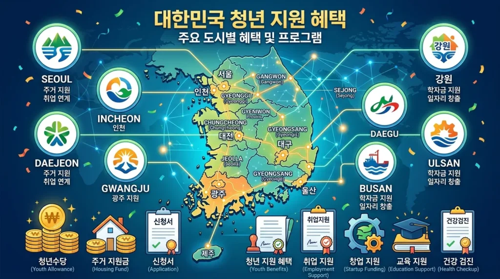 한국 지도를 배경으로 각 주요 도시의 엠블럼과 청년 지원 혜택을 상징하는 동전, 서류 아이콘들이 어우러진 이미지