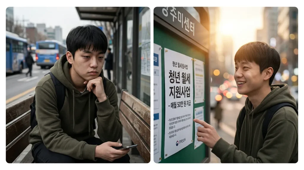 지친 표정의 한국인 청년이 생각에 잠겨있다가, 월 50만원이라고 적힌 정부 지원금 안내 문구를 보고 환하게 미소 짓는 모습. 배경에는 희망찬 미래를 상징하는 밝은 빛이 비추고 있다.