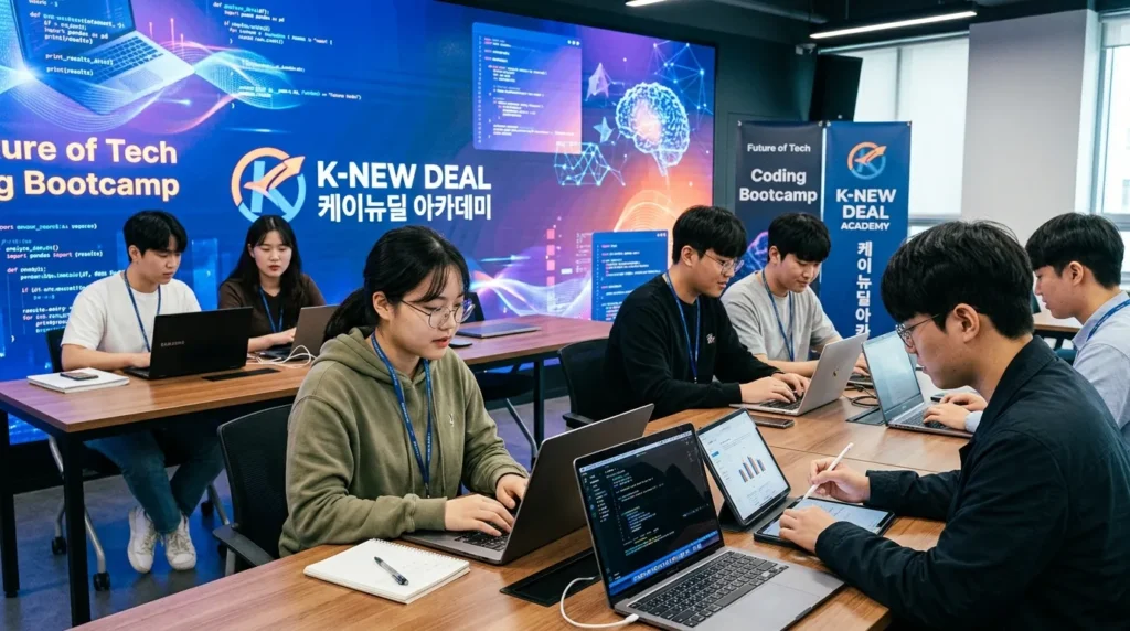 한국인 청년들이 K-뉴딜 아카데미 로고가 보이는 현대적이고 디지털적인 학습 환경에서 노트북과 태블릿을 활용하여 코딩, 데이터 분석 등 신기술 교육을 받고 있는 모습. 배경에는 미래 지향적인 디지털 그래픽이 흐르고 있다.
