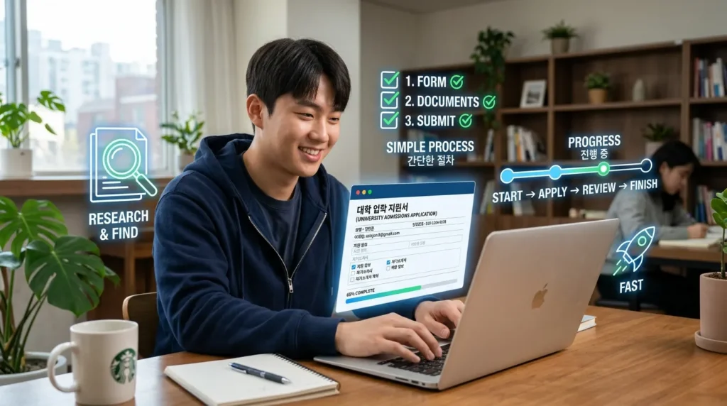한국인 청년이 노트북 화면에 띄워진 온라인 신청서 양식을 쉽고 빠르게 작성하는 모습. 주변에는 돋보기, 체크리스트, 진행률 바 등 간편한 신청 과정을 상징하는 아이콘들이 떠다닌다.
