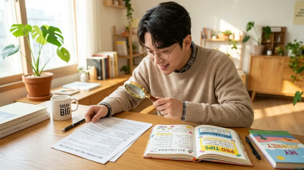 한국인 청년이 돋보기로 작은 글씨의 안내문을 꼼꼼히 살펴보며, 옆에는 체크리스트와 함께 '꿀팁', '주의사항'이라고 적힌 스티커가 붙어있는 다이어리가 놓여 있다. 밝고 긍정적인 분위기.
