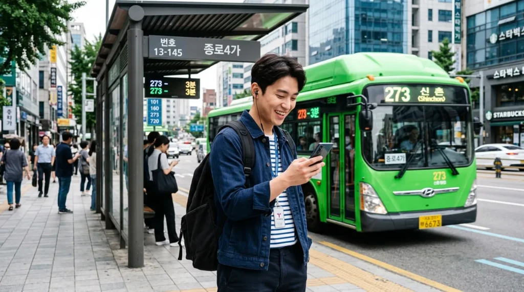 한국인 청년이 버스 정류장에서 스마트폰으로 교통비 지원금 알림을 확인하며 기뻐하는 모습, 배경에 현대적인 서울 시내 버스가 보임
