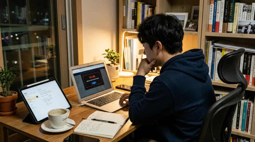 노트북 화면에 나타난 '인증 실패' 메시지를 보며 고민하는 한국인 남성의 뒷모습, 책상 위에는 태블릿과 커피가 놓여 있음