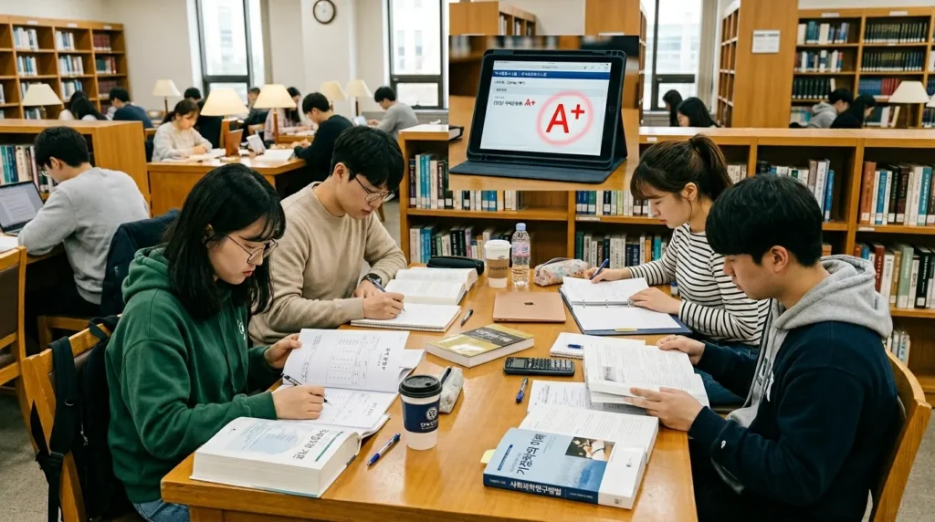 대학교 강의실 도서관에서 성적표와 전공 서적을 보며 공부하는 한국인 대학생들의 모습, 배경에 'A+' 학점이 적힌 태블릿 PC가 보임