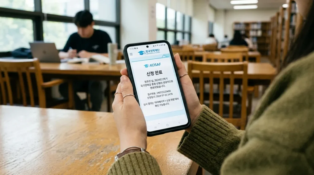 스마트폰을 들고 있는 한국인 대학생의 손, 화면에는 한국장학재단 앱의 '신청 완료' 메시지가 떠 있는 모습