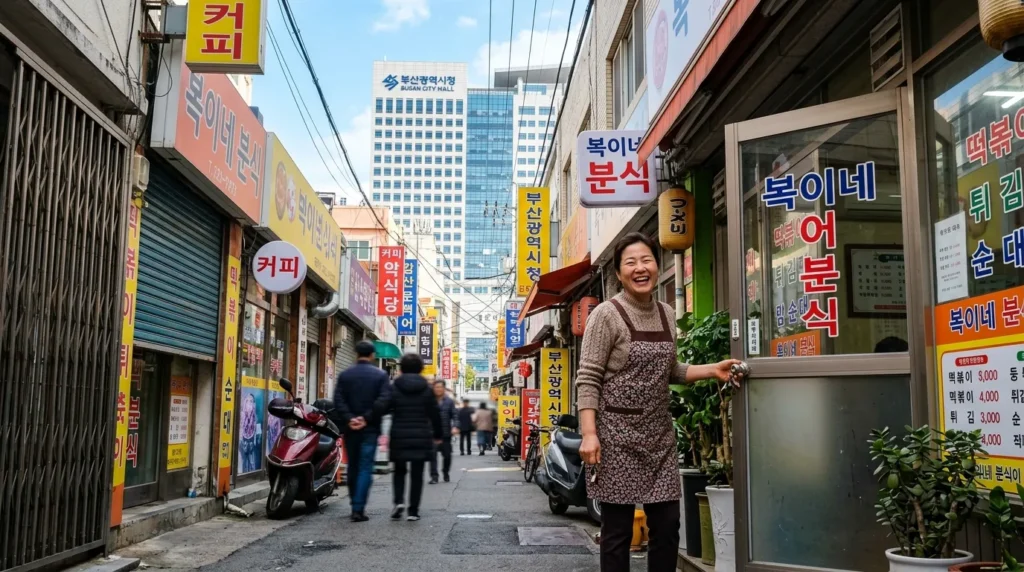 부산 시청 건물을 배경으로 환하게 웃으며 상점 문을 여는 한국인 소상공인의 모습, 활기찬 부산 골목 상권의 분위기를 사실적인 사진 스타일로 표현
