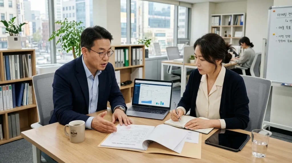 한국인 남녀 소상공인들이 테이블에 앉아 신청 서류와 노트북을 보며 진지하게 대화하는 모습, 깔끔한 사무실 환경