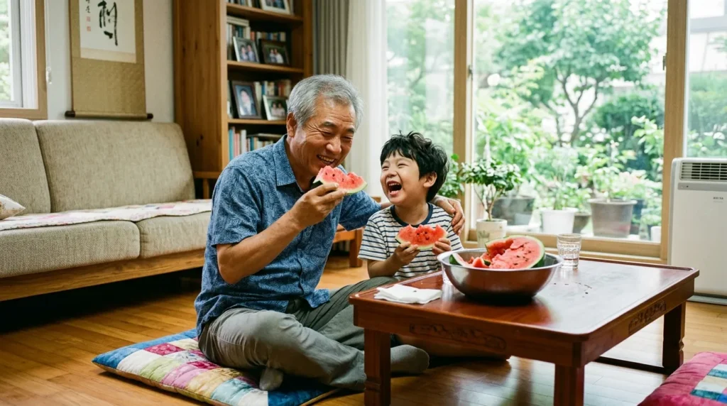 한국인 할아버지와 손자가 시원한 거실에서 웃으며 수박을 먹고 있는 따뜻한 분위기의 사진