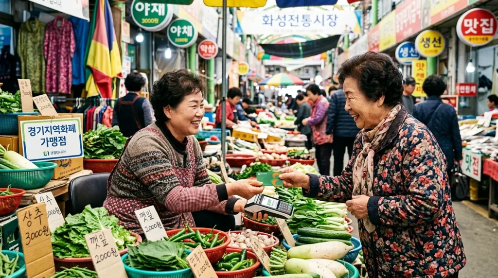 경기도 지역화폐 카드로 시장에서 신선한 채소를 구매하는 모습, 화려한 전통시장 배경, 생동감 넘치는 색감, 한국인 판매자와 구매자