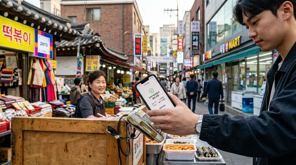 한국의 전통 시장과 현대적인 상점이 어우러진 거리에서 스마트폰 앱 카드로 결제하는 한국인 청년의 손, 스마트폰 화면에는 한글로 지역화폐 결제 완료 문구가 보임
