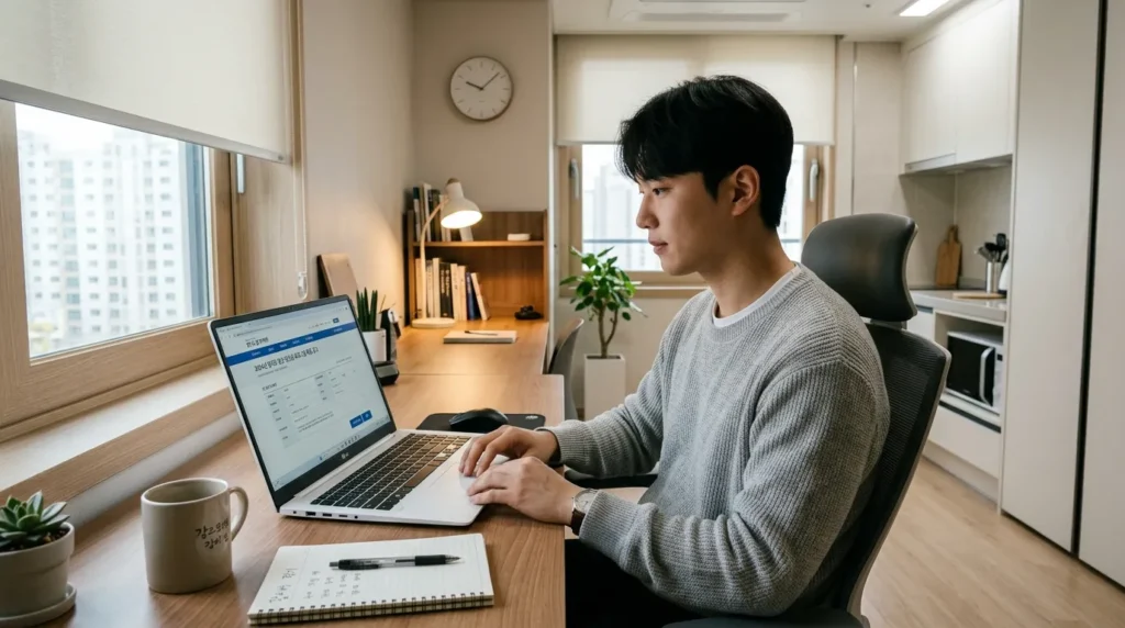 깔끔한 한국의 오피스텔 내부에서 노트북을 사용하여 온라인 신청을 하고 있는 20대 한국인 남성, 화면에는 '경기도 일자리재단 잡아바' 웹사이트가 띄워져 있음