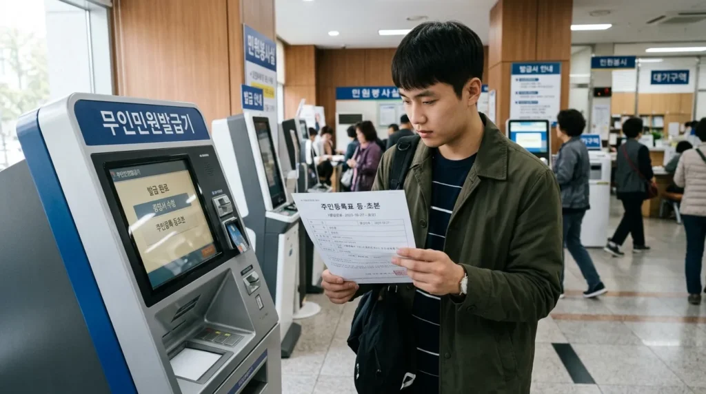 공공기관의 무인민원발급기 앞에서 주민등록초본을 발급받아 확인하는 한국인 청년, 서류 상단에 '주민등록초본'이라는 한글이 선명하게 보임