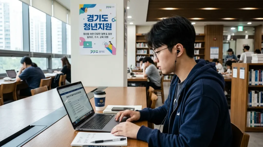 한국의 현대적인 도서관에서 노트북으로 자격증 시험 정보를 검색하고 있는 20대 한국인 청년 남성. 배경에는 '경기도 청년 지원'이라는 한글 문구가 적힌 포스터가 붙어 있음.