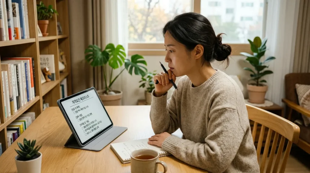 깨끗한 책상 위에 놓인 태블릿 PC 화면에 자격 요건 체크리스트가 한글로 표시되어 있고, 옆에 한국인 여성이 펜을 들고 고민하는 모습. 따뜻한 한국 가정집 배경.