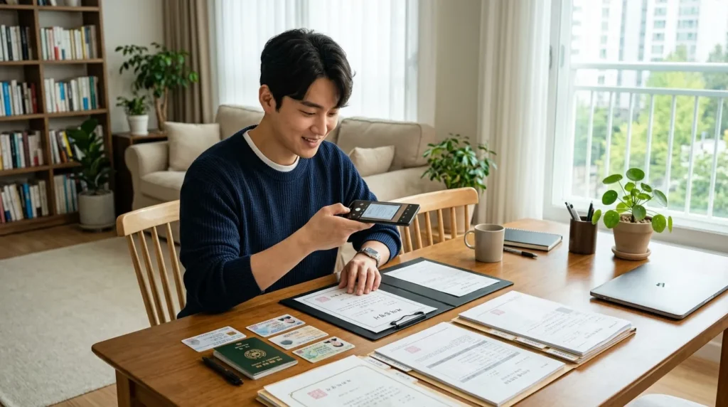 거실 테이블에 여러 종류의 서류와 신분증을 가지런히 정리해 놓은 한국인 남성. 스마트폰으로 서류를 촬영하여 스캔하는 모습. 밝고 정돈된 느낌.