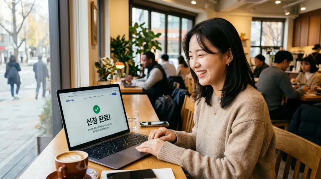카페에서 세련된 노트북을 사용해 '잡아바' 웹사이트에 접속 중인 한국인 여성. 화면에는 '신청 완료'라는 한글 메시지가 크게 떠 있고 여성이 기뻐하고 있음.