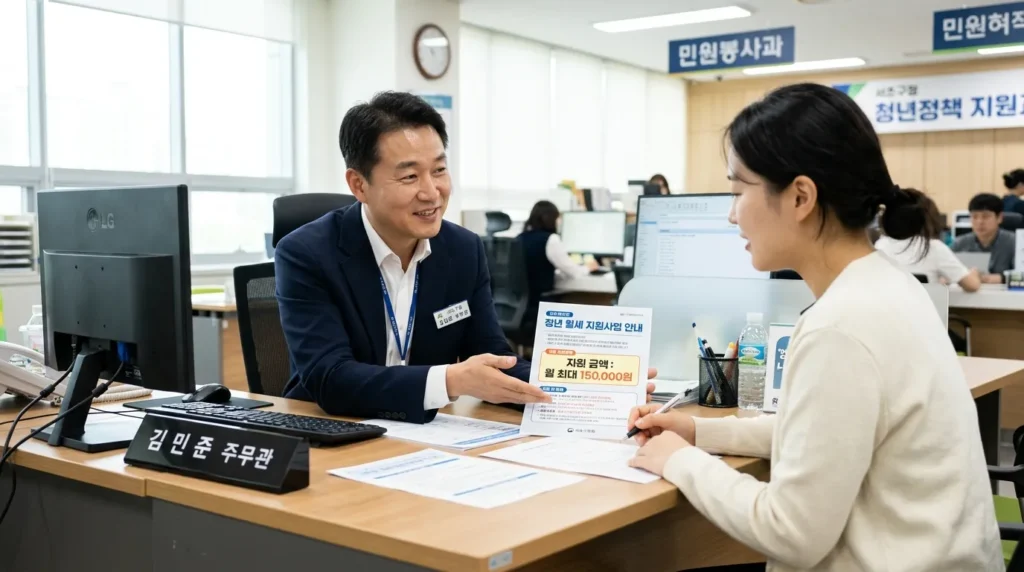 밝은 사무실 환경에서 한국인 남성 공무원이 민원인에게 친절하게 설명하는 모습, 책상 위에는 150,000원이라는 숫자가 적힌 안내 리플렛이 놓여 있음