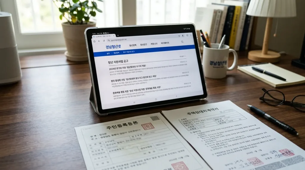 책상 위에 놓인 태블릿 PC 화면에 '경남청년넷' 웹사이트가 띄워져 있고, 옆에는 한국어로 된 주민등록등본과 임대차계약서 서류들이 정갈하게 정리되어 있는 클로즈업 샷