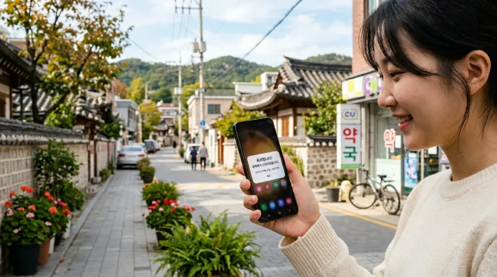 스마트폰 화면에 '축하합니다! 선정되셨습니다'라는 한글 알림 메시지가 떠 있고, 배경으로는 한국의 평화로운 동네 풍경이 보임