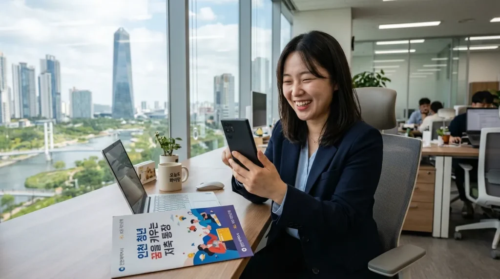 한국 인천의 현대적인 사무실에서 밝게 웃으며 자신의 스마트폰으로 은행 앱을 확인하는 20대 한국인 청년 근로자. 배경에는 인천 송도 국제도시의 스카이라인이 창밖으로 보이며, 책상 위에는 '인천 드림For청년통장'이라는 한글 문구가 적힌 리플렛이 놓여 있음