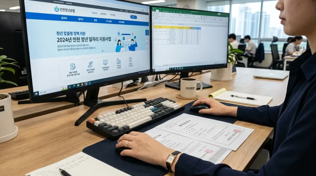 듀얼 모니터를 사용하는 한국의 사무직 청년 책상 위 전경. 모니터에는 '인천 청년포털' 신청 페이지가 띄워져 있고 키보드 옆에는 한글로 된 재직증명서와 주민등록등본이 깔끔하게 정리되어 있음. 손으로 마우스를 클릭하는 클로즈업 샷