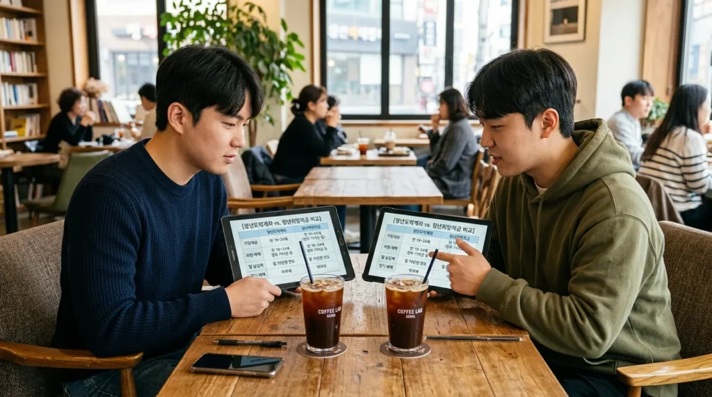 카페에서 두 명의 한국인 청년이 마주 앉아 각자의 태블릿 PC를 보며 정부 정책을 비교하는 모습. 태블릿 화면에는 '청년도약계좌'와 '드림For청년통장' 비교표가 한글로 나타나 있음. 테이블 위에는 아이스 아메리카노 두 잔이 놓여 있음