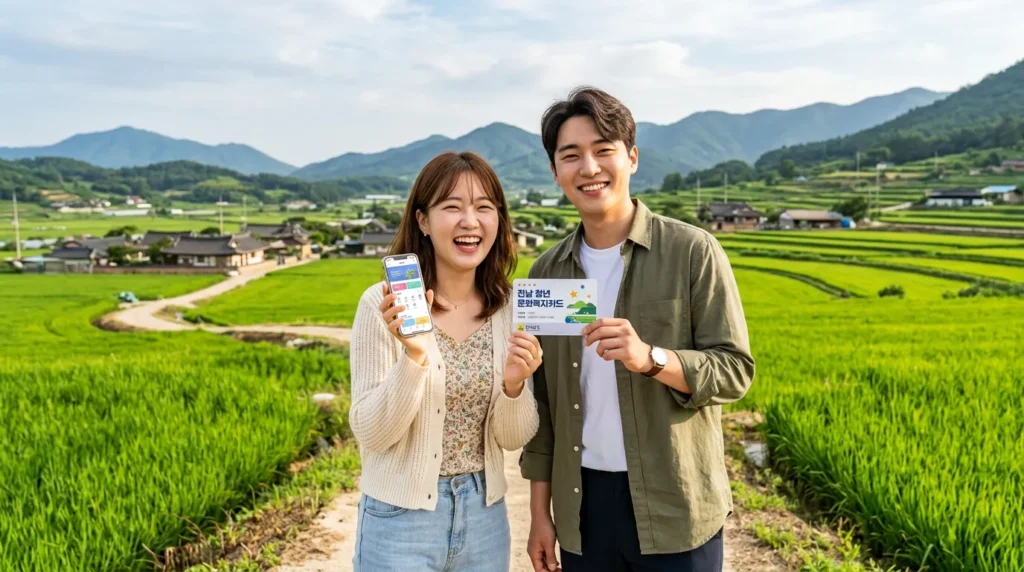 전라남도의 푸른 들판을 배경으로 세련된 복장을 한 20대 한국인 남녀 청년이 스마트폰과 문화복지카드를 들고 환하게 웃고 있는 모습, 카드에는 '전남 청년 문화복지카드'라는 한글 텍스트가 선명하게 보임