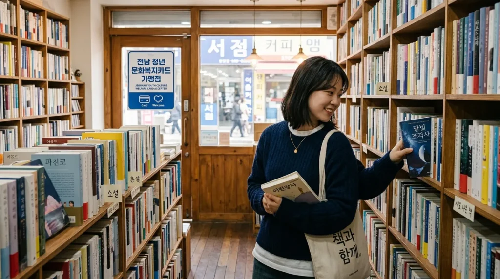 한국의 아늑한 서점 내부에서 한 20대 한국인 여성이 책을 고르고 있는 모습, 서점 입구에는 '전남 청년 문화복지카드 사용처'라는 한글 안내판이 붙어 있음