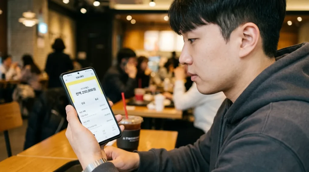 스마트폰 화면에 은행 앱의 잔액 조회 페이지가 띄워져 있고 이를 응시하는 한국인 청년의 손, 화면에는 한글로 '잔액 250,000원'이 표시되어 있음