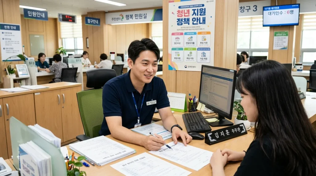 깔끔한 한국의 주민센터 창구에서 30대 한국인 남성 공무원이 친절하게 설명하며 서류를 확인하는 모습, 배경에는 '청년 지원 정책 안내'라는 한글 포스터가 붙어 있음