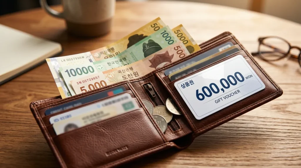 600,000 숫자가 적힌 바우처 카드와 한국 화폐가 지갑에 담겨 있는 고화질 이미지. 따뜻하고 금전적 혜택이 느껴지는 색감.