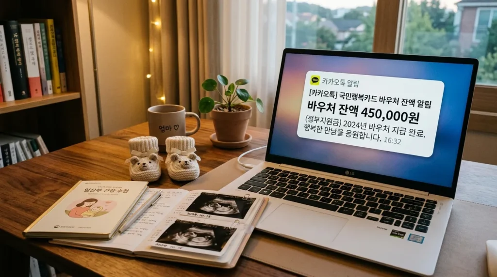 책상 위에 놓인 노트북 화면에 '바우처 잔액 450,000원'이라는 한글 알림이 떠 있고, 그 옆에 아기 신발과 산모 수첩이 놓여 있는 감성적인 한국풍 사진