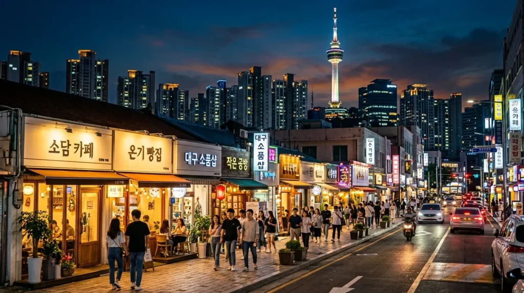 대구시의 상징적인 랜드마크인 83타워와 현대적인 빌딩 숲을 배경으로, 소상공인을 상징하는 따뜻한 조명의 작은 카페와 상점들이 번창하는 활기찬 대구 시내 전경