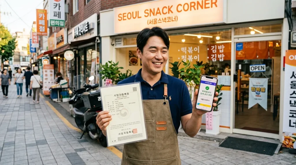 사업자 등록증을 들고 있는 한국인 남성 소상공인이 가게 앞에서 밝게 웃으며 자신의 스마트폰으로 신청 자격을 확인하는 모습