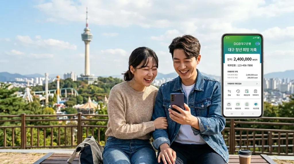 대구광역시의 랜드마크인 83타워를 배경으로 밝게 웃으며 스마트폰으로 적금 계좌를 확인하는 20대 한국인 남성과 여성, 화면에는 '대구 청년 희망 적금'이라는 한글 문구와 '2,400,000원'이라는 숫자가 선명하게 보임