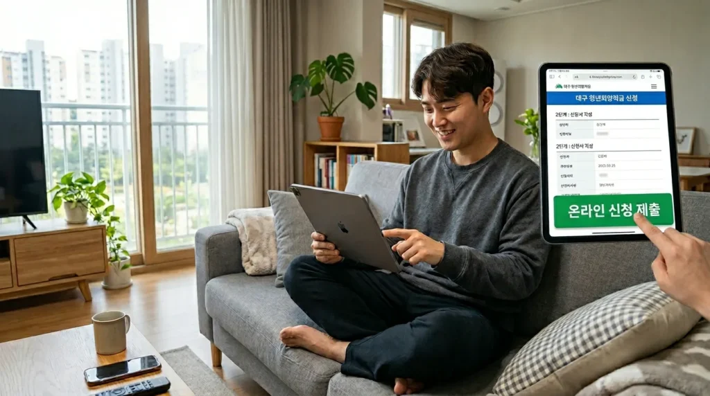 한국의 아파트 거실에서 편안한 복장으로 소파에 앉아 태블릿 PC를 이용해 대구 청년 희망 적금을 온라인으로 신청하는 20대 한국인 남성, 화면에는 '온라인 신청 접수'라는 한글 버튼이 크게 보임
