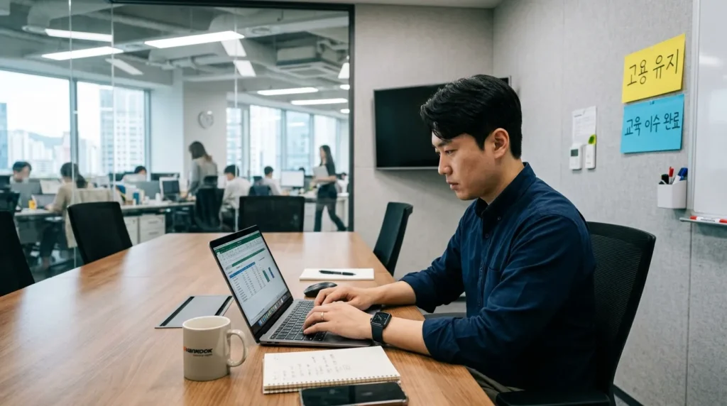 한국의 사무실 회의실에서 노트북을 보며 집중하는 30대 한국인 직장인 남성, 벽에는 '근로 유지'와 '교육 이수'라고 적힌 한글 포스트잇이 붙어 있음, 전문적인 분위기