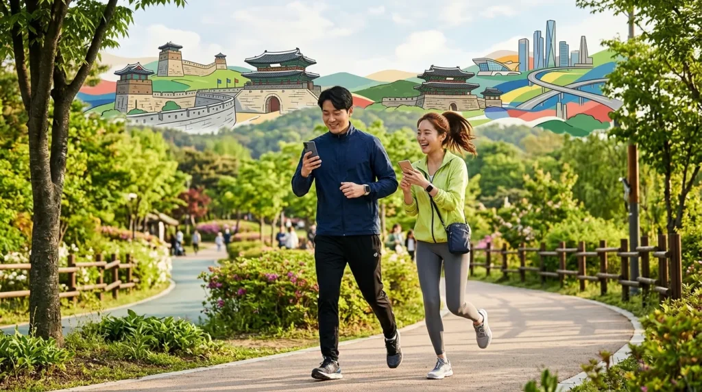 경기도의 푸른 공원에서 스마트폰을 손에 들고 활기차게 걷고 있는 한국인 남녀의 모습, 배경에는 경기도의 랜드마크가 추상적으로 표현됨