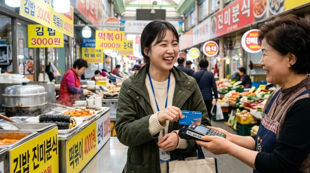 시장이나 식당에서 경기도 지역화폐 카드를 사용하여 결제하는 밝은 표정의 한국인 여성의 모습