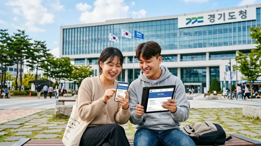 경기도청 건물을 배경으로 만 24세 한국인 청년들이 밝게 웃으며 디지털 기기를 사용해 정책을 확인하는 모습