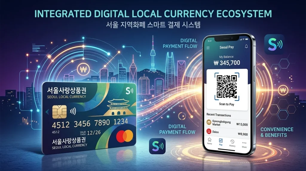 한국의 지역화폐 카드와 스마트폰 결제 앱 화면이 겹쳐진 세련된 그래픽 디자인