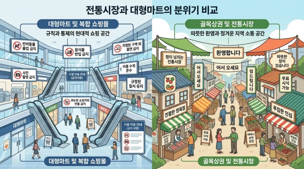 대형 마트의 제한 표시와 골목 상권의 환영 표시를 대비시킨 인포그래픽 스타일의 이미지. 한국적인 시장 풍경과 현대적인 대형 쇼핑몰의 대비.