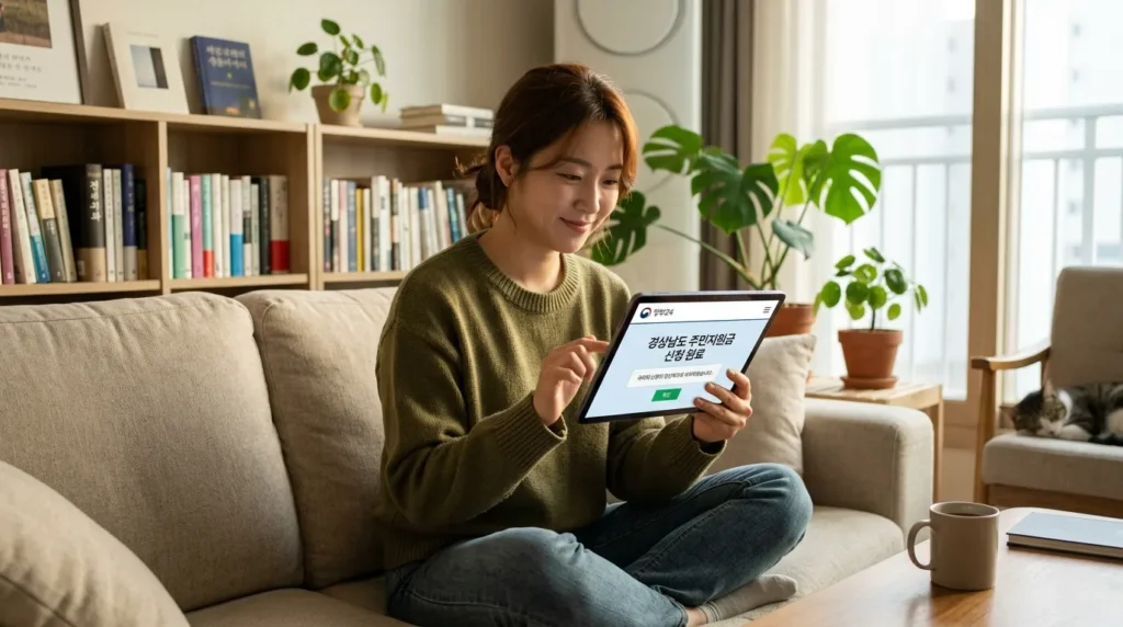 한 한국인 여성이 안락한 거실 소파에 앉아 태블릿 PC로 경상남도민지원금을 신청하는 모습. 화면에는 정부24(Gov24) 로고와 신청 완료 메시지가 떠 있음.