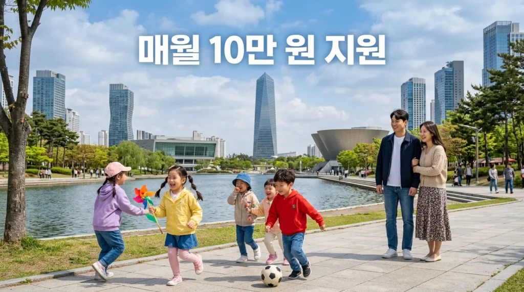 인천 송도 센트럴파크를 배경으로 즐겁게 뛰어노는 한국인 어린이들과 그 뒤에서 미소 지으며 바라보는 30대 한국인 부부의 모습. 하늘에는 '월 10만원 지원'이라는 문구가 한글로 떠 있음.