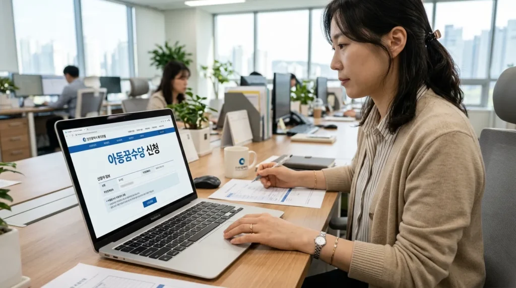 깨끗한 사무실에서 노트북을 사용하여 인천시 복지 포털 사이트에 접속해 신청 서류를 확인하는 한국인 여성의 손과 노트북 화면. 화면에는 한글로 '아이 꿈 수당 신청'이라고 적혀 있음.