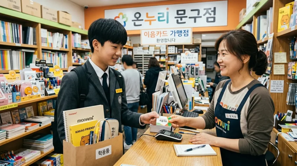 한국의 전통시장이나 세련된 동네 상점에서 인천사랑상품권(이음카드)으로 학용품을 결제하는 한국인 중학생과 미소 짓는 점원의 모습. 배경에는 한글로 된 상점 간판이 있음.