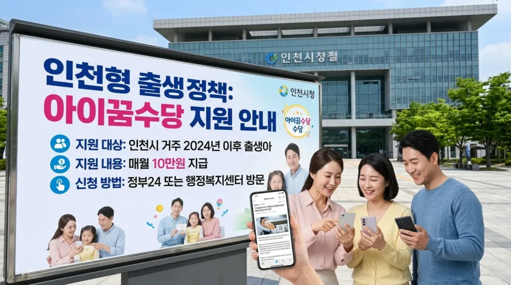 인천시청 건물 배경에 아이꿈 수당 안내 포스터가 붙어 있고 한국인 부모가 스마트폰으로 공고를 확인하며 미소 짓는 모습